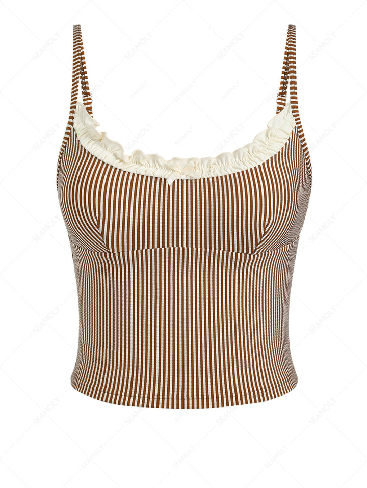Coffee Striped Spliced Ruched Bowknot Tankini Top