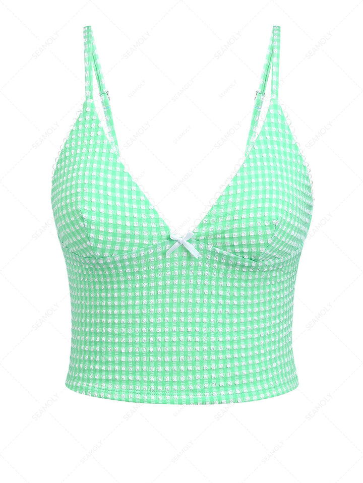Green Bubble Grid Picot Trim Bowknot Tankini Top