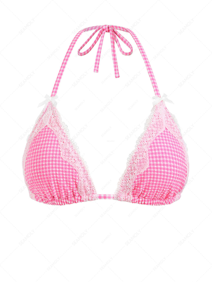 Light Pink Bubble Grid Lace Bowknot Halter Triangle Bikini Top