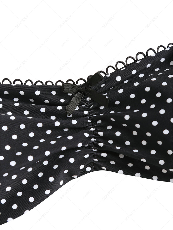 Seamolly Polka Dot Picot Bowknot Lace Up Back Bandeau Bikini Set