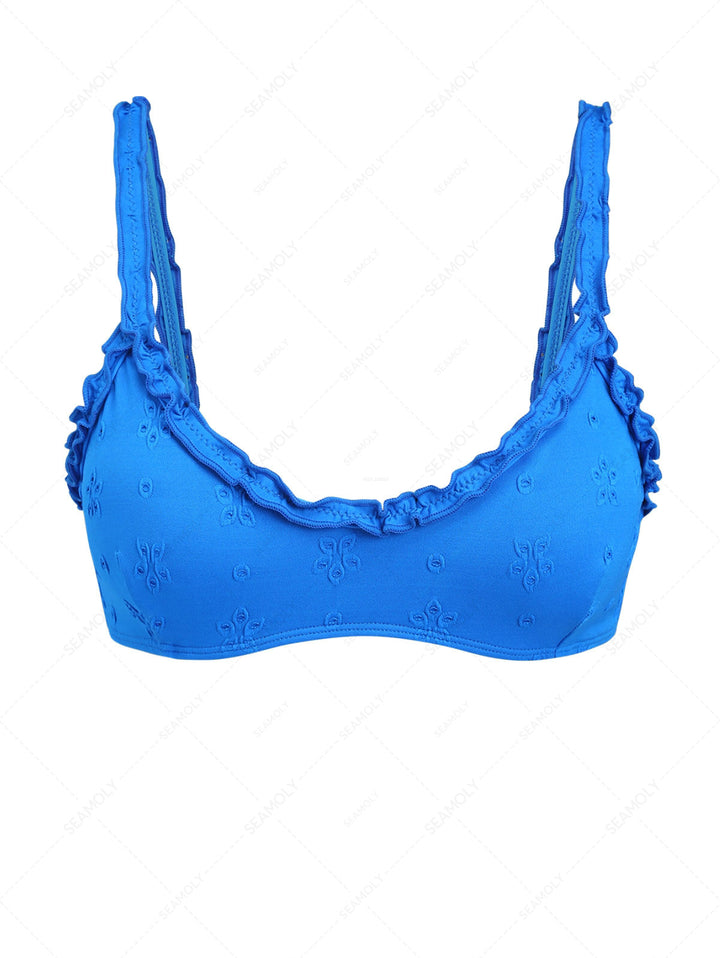 Blue Recycled Fabric Jacquard Ruffles Tank Style Bikini Top