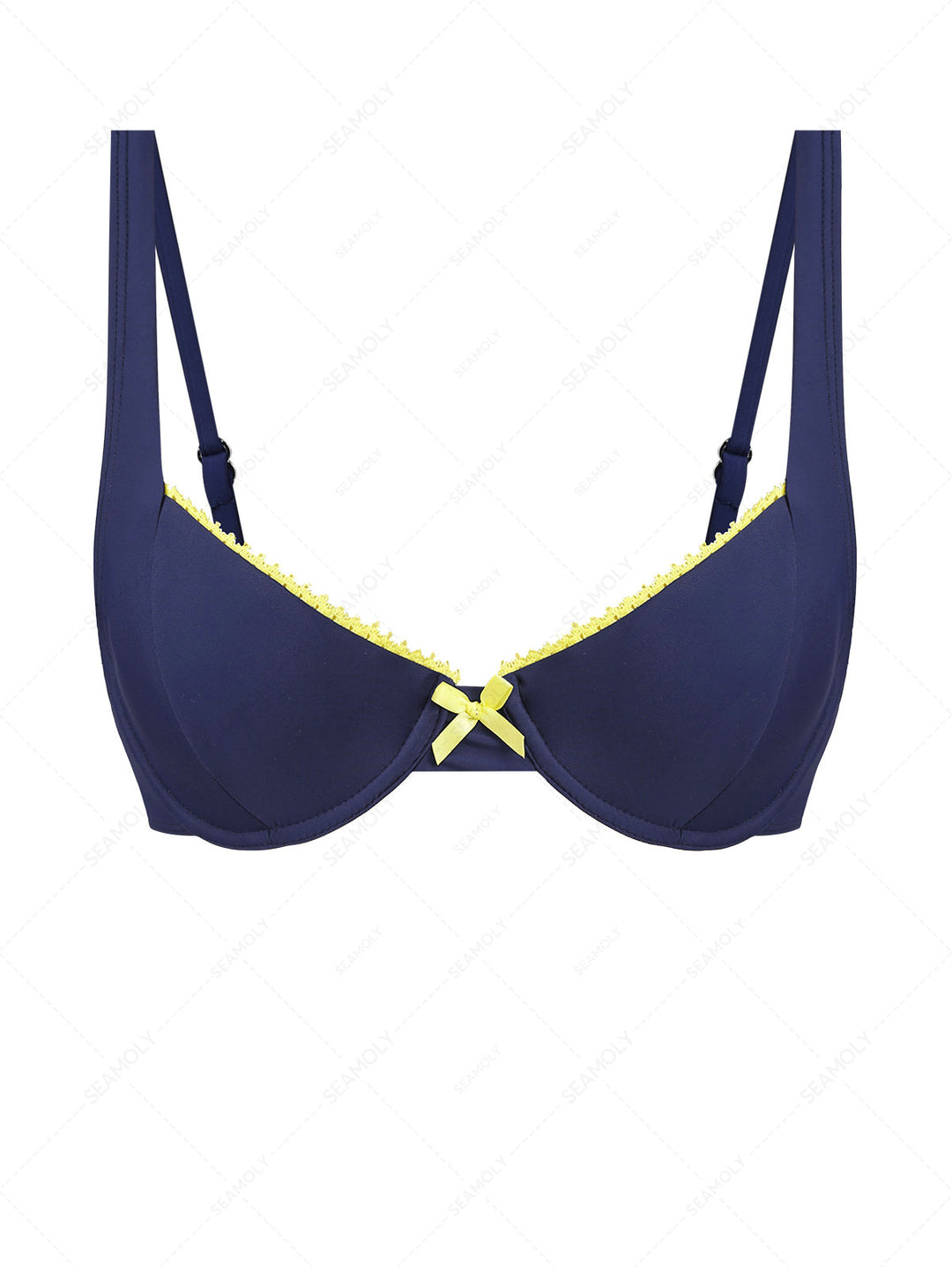 Deep Blue Contrast Lace Bowknot Underwire Bikini Top