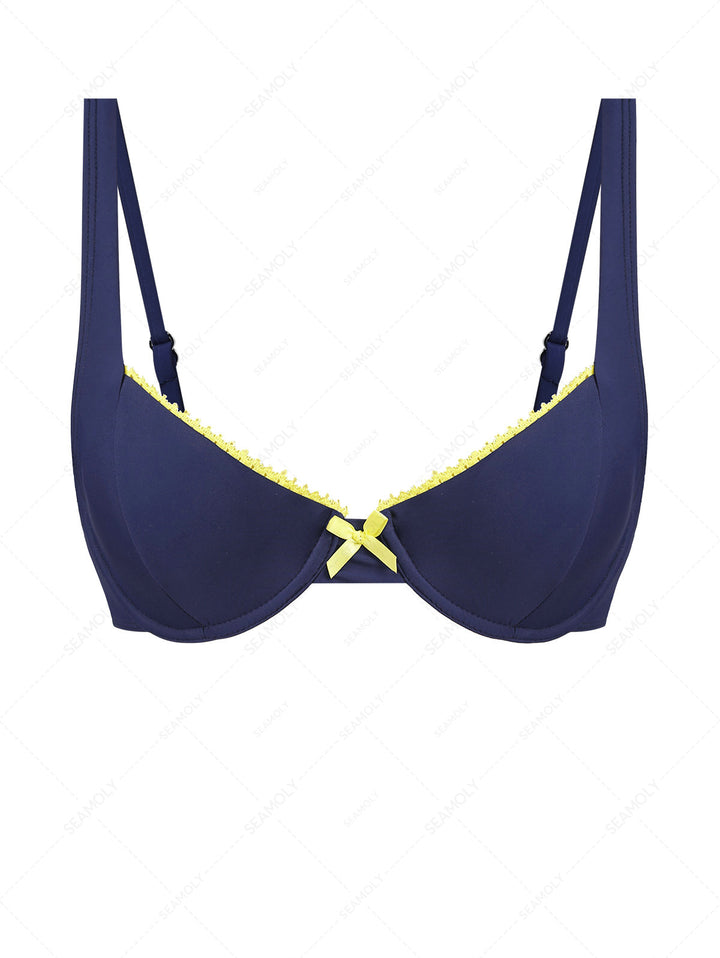 Deep Blue Contrast Lace Bowknot Underwire Bikini Top