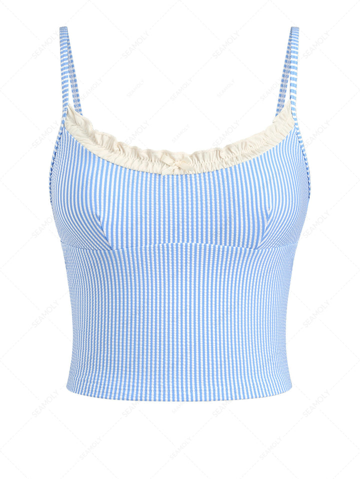 Light Blue Striped Spliced Ruched Ruffles Bowknot Tankini Top