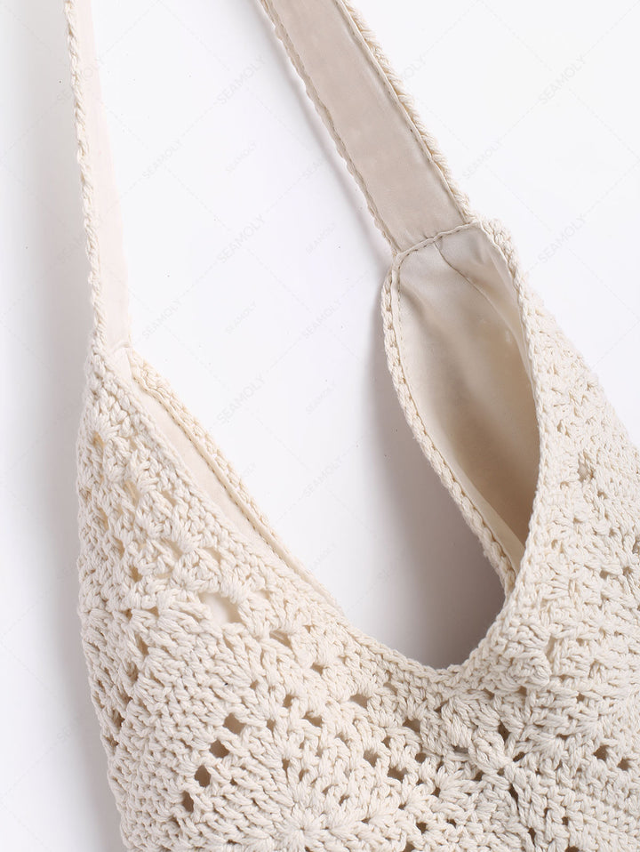 Vacation Crochet Hollow Out Floral Pattern Magnetic Closure Shoulder Bag