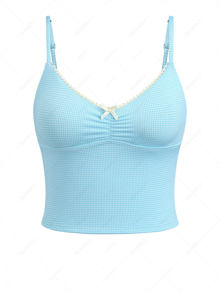 Sky Blue Plaid Ruched Lace Bowknot Cami Tankini Top