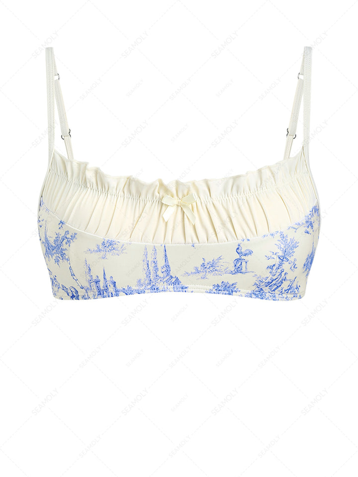 Crystal Cream Toile de Jouy Spliced Ruched Ruffles Bikini Top