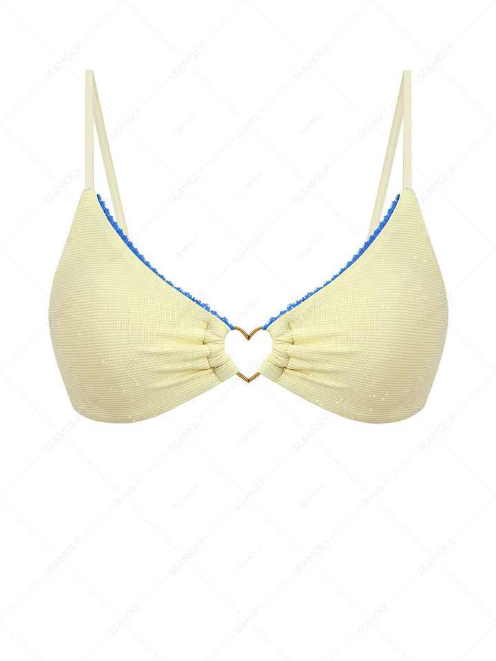 Yellow Glitter Sparkly Lace Heart-shaped Decor Bikini Top