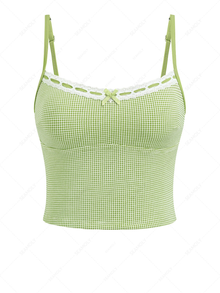Green Gingham Lace Bowknot Cami Tankini Top