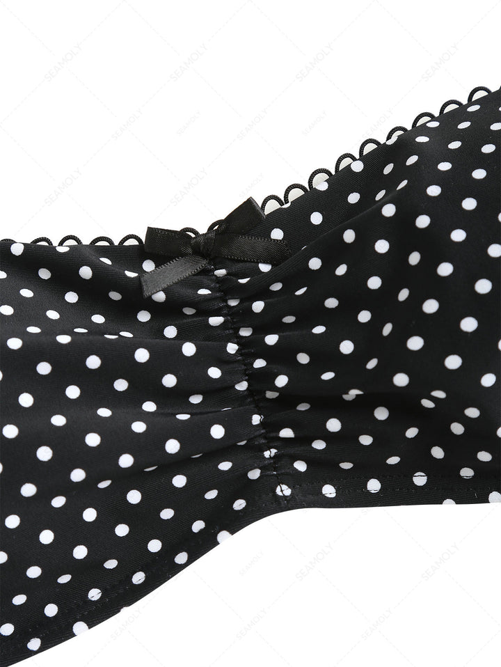 Seamolly 3 Piece Polka Dot Picot Bowknot Lace Up Bandeau Cheeky Boyshort Bikini Set