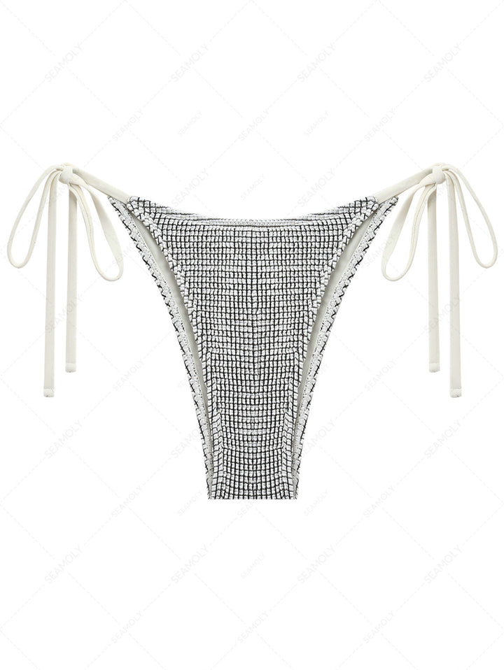 White Textured Fabric Tie Side String Cheeky Bikini Bottom
