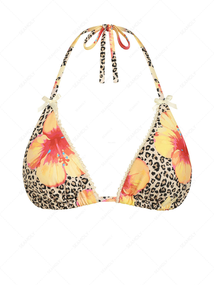 Leopard Floral Print Lace Bowknot Halter Triangle Bikini Top