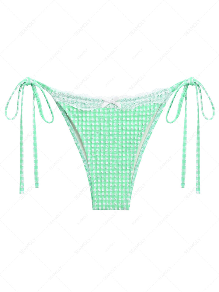 Green Bubble Grid Lace Bowknot Tie Side Cheeky Bikini Bottom
