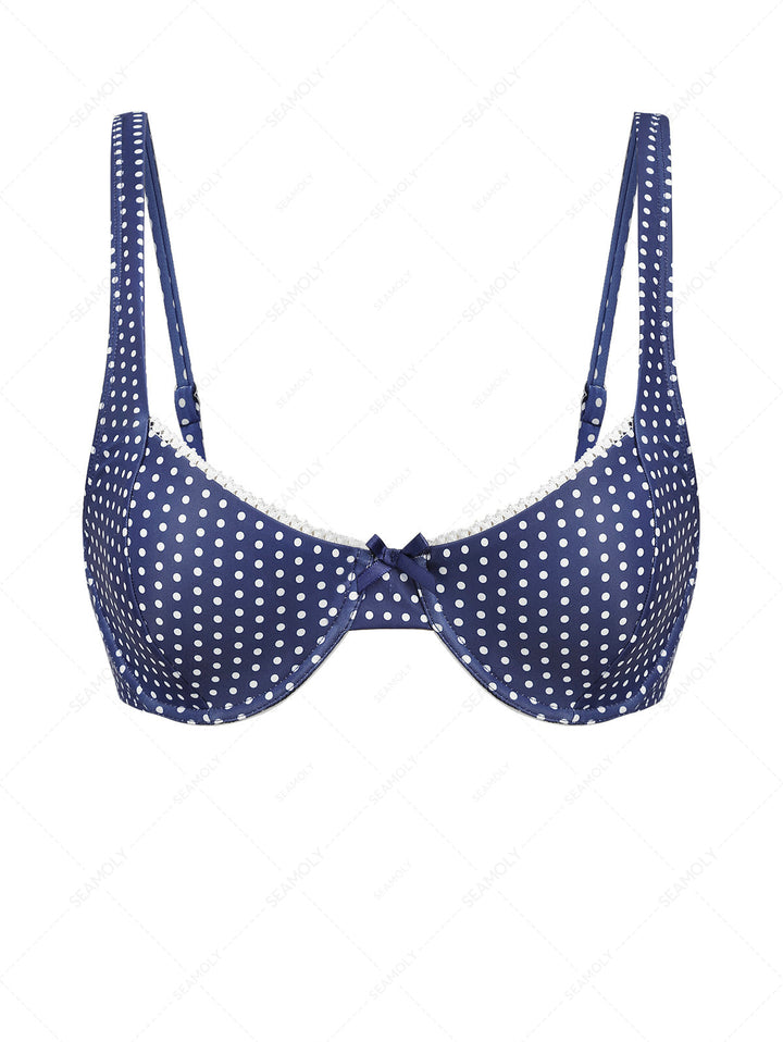 Deep Blue Polka Dot Lace Bowknot Underwire Bikini Top