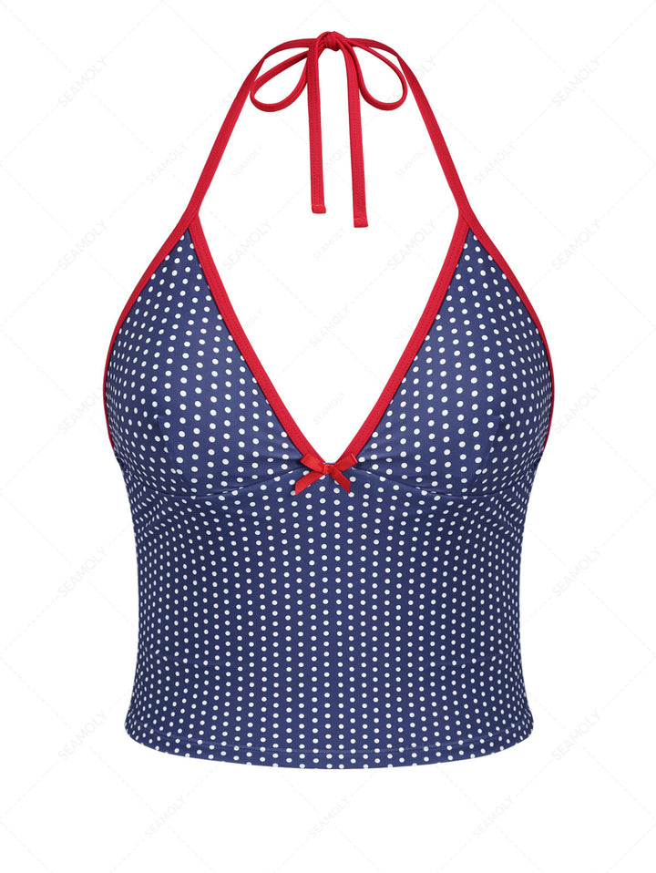 Deep Blue Polka Dot Contrast Bowknot Halter Tied Tankini Top