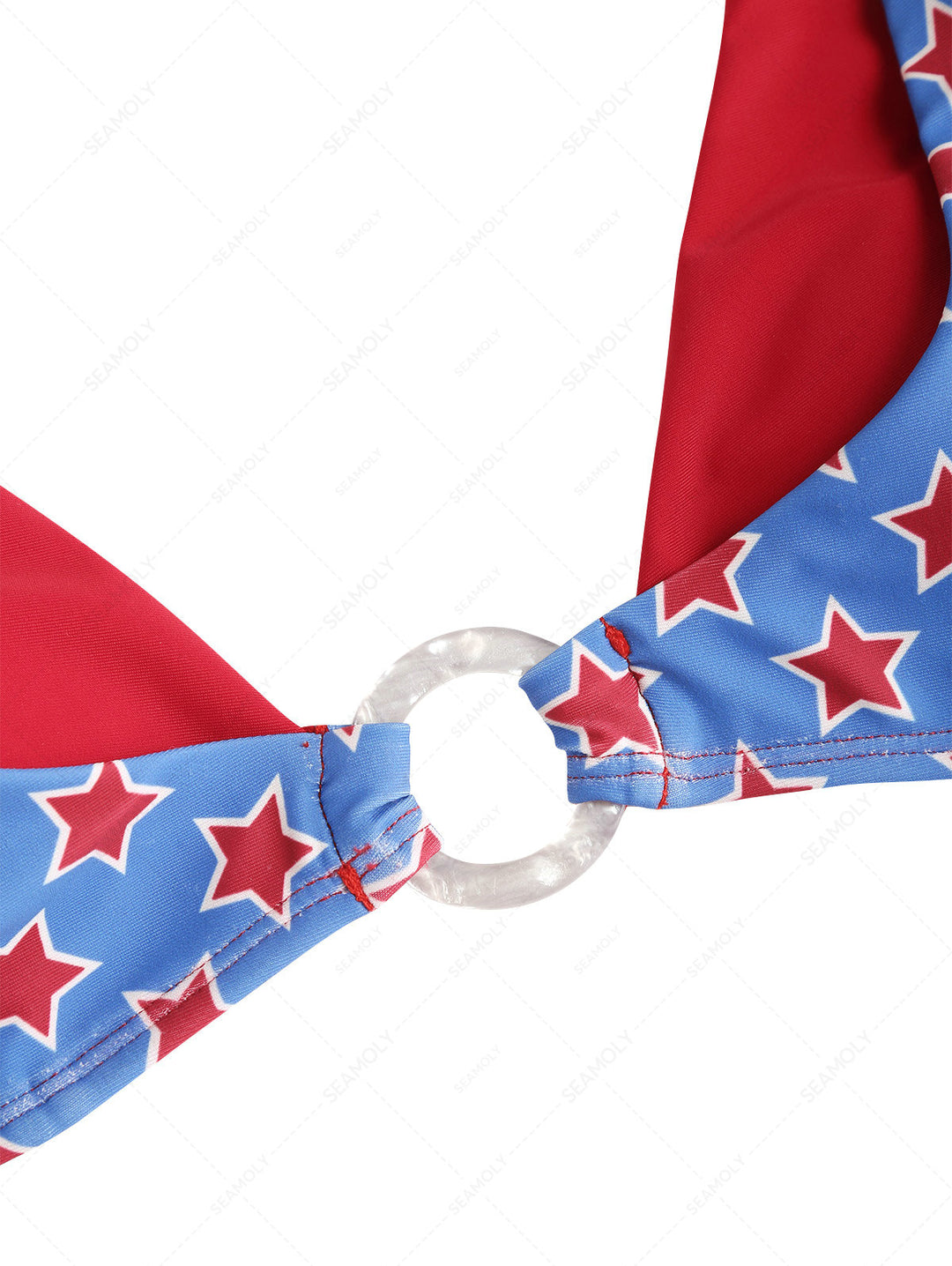 Seamolly 3 Piece Swimsuit - Stars Print O Ring Double Layer Bikini Set for 4th of July & Cover Up Skirt
