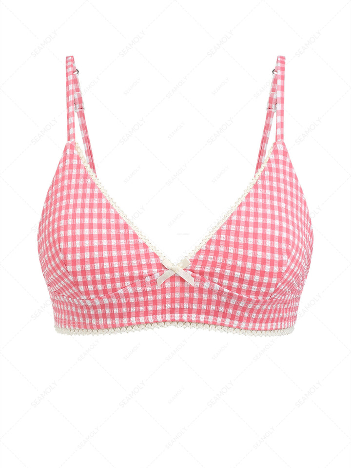 Red Bubble Grid Lace Bowknot Tank Style Bikini Top