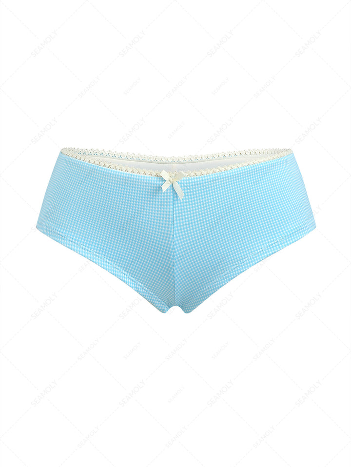 Sky Blue Knitted Plaid Lace Low Rise Beach Swim Bottom Boyshorts