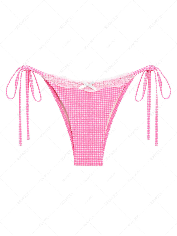 Light Pink Bubble Grid Lace Bowknot Tie Side Cheeky Bikini Bottom