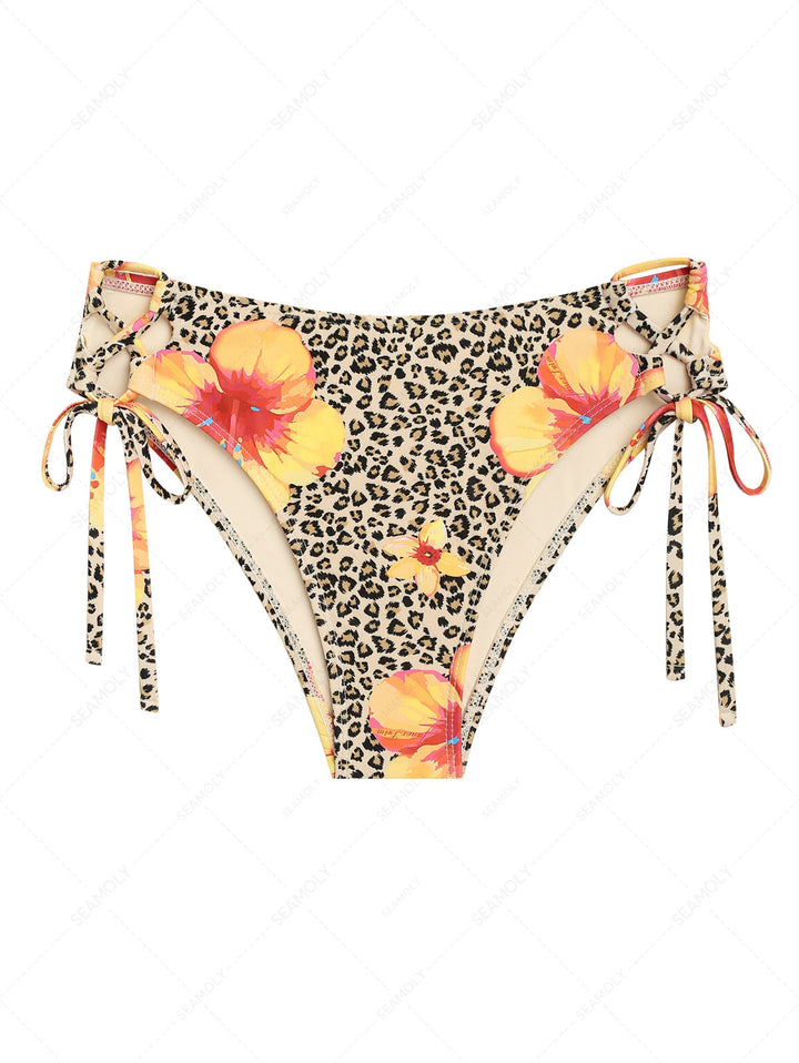 Leopard Floral Print Lace Up SideFull Coverage Bikini Bottom