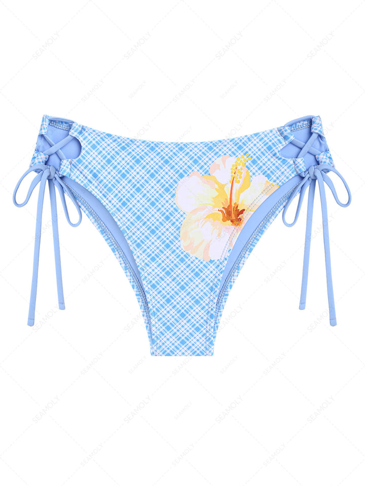 Light Blue Plaid Floral Lace Up Side Coverage Bikini Bottom