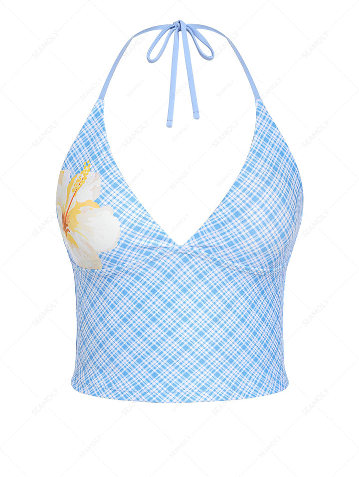 Light Blue Plaid Floral Halter Tied Tankini Top