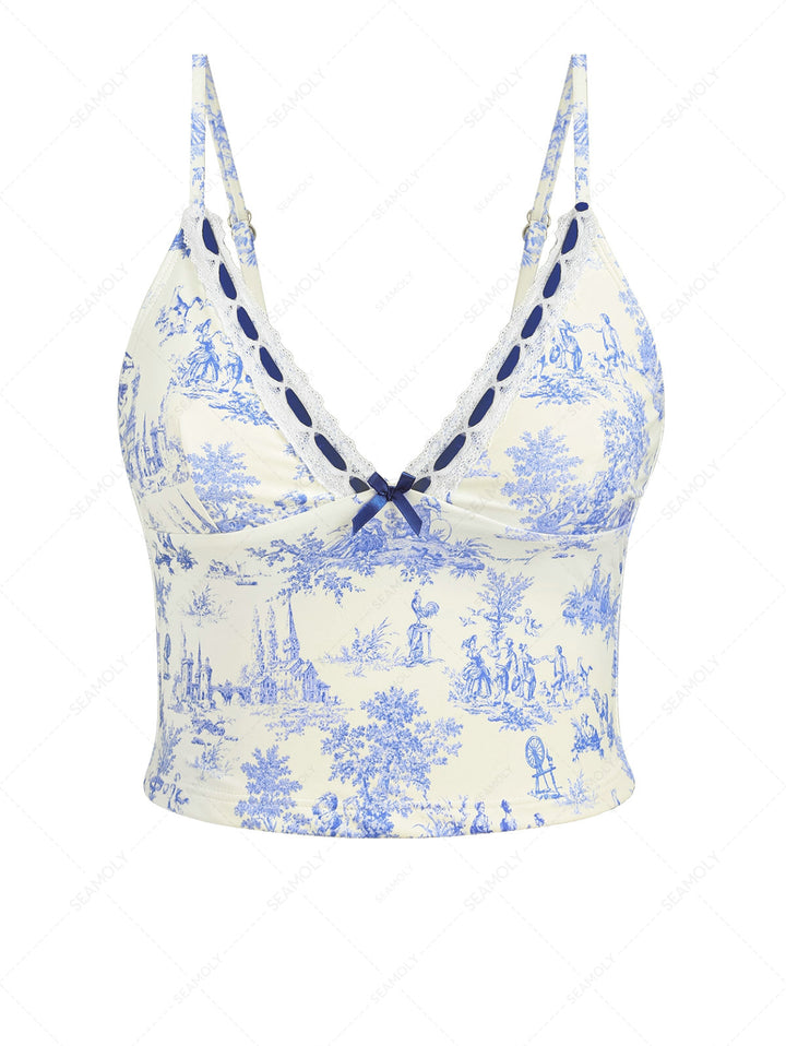 Crystal Cream Toile de Jouy Lace Plunging Neck Tankini Top
