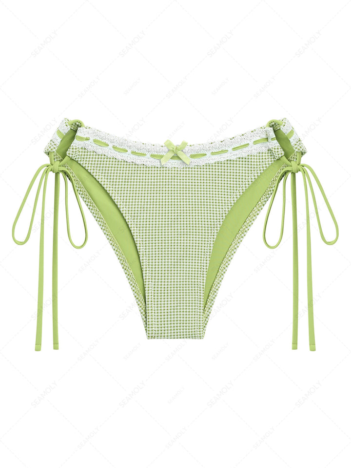 Green Gingham Lace Bowknot Cinched Tie Side Hipster Bikini Bottom