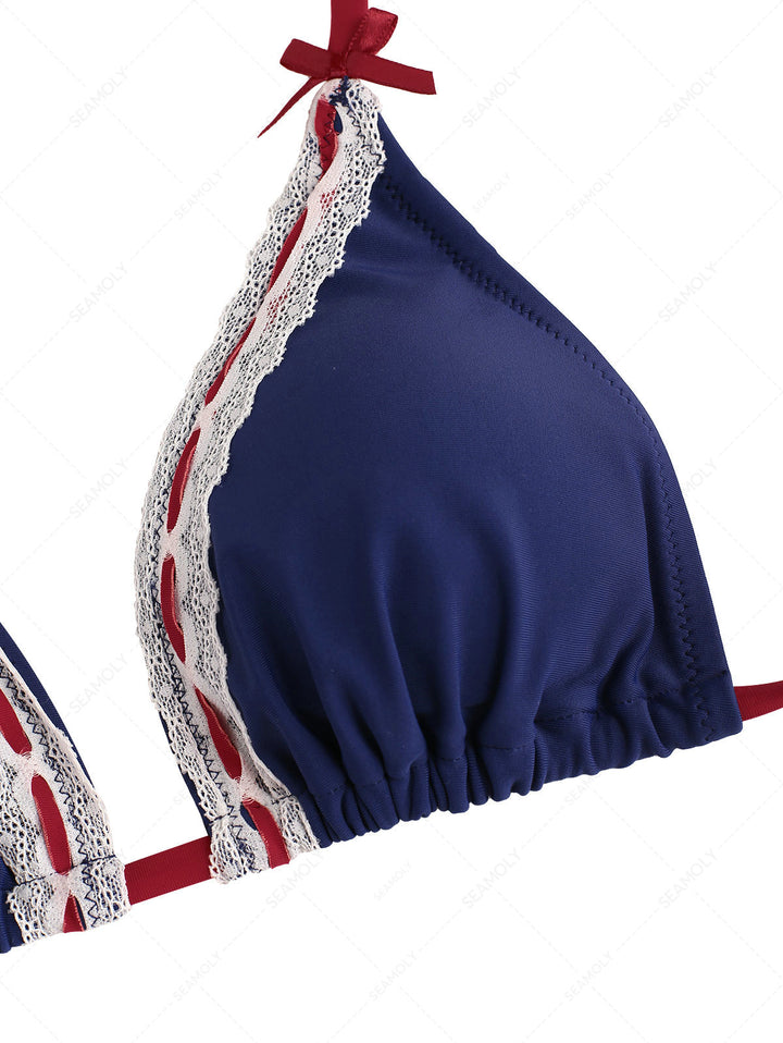 Seamolly  Lace Bowknot Triangle Top & Cheeky Brazilian Bottom Bikini Set for 4th of July