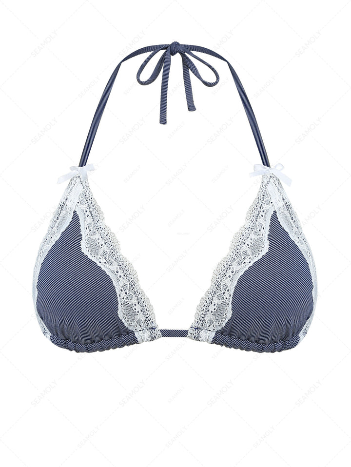 Deep Blue Denim Lace Bowknot Halter Triangle Bikini Top