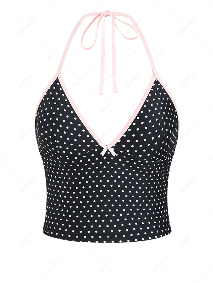 Black Polka Dot Print Bowknot Halter Tankini Top