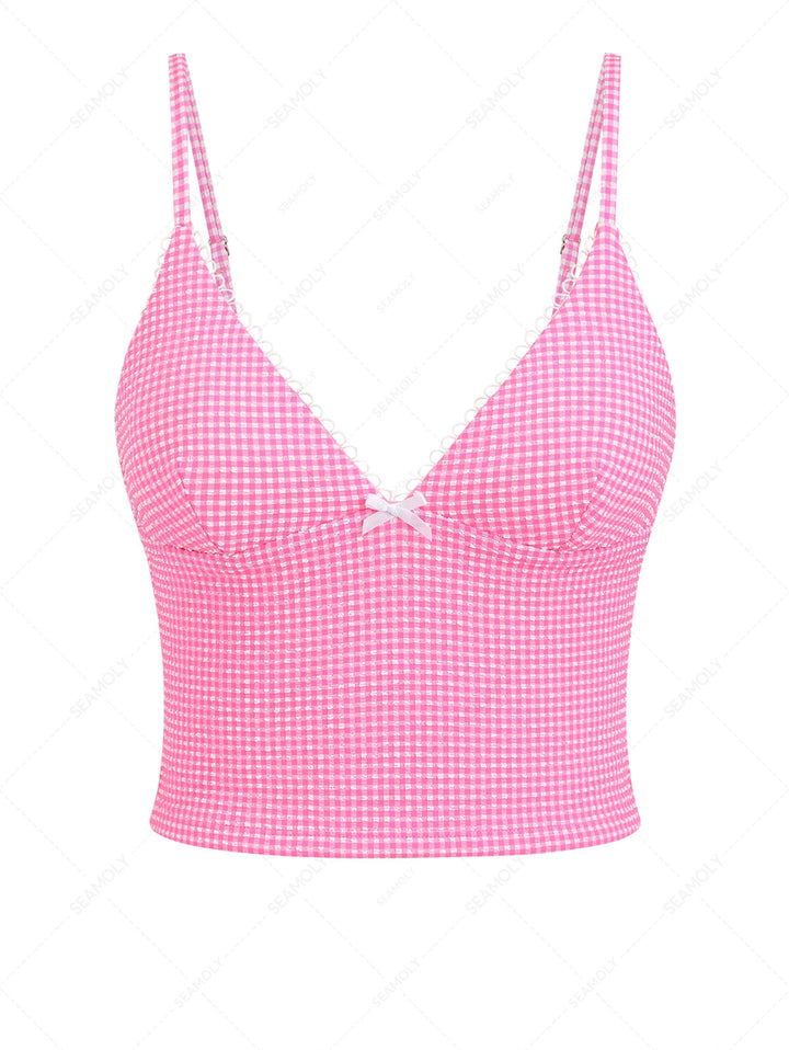 Light Pink Bubble Grid Picot Bowknot Tankini Top