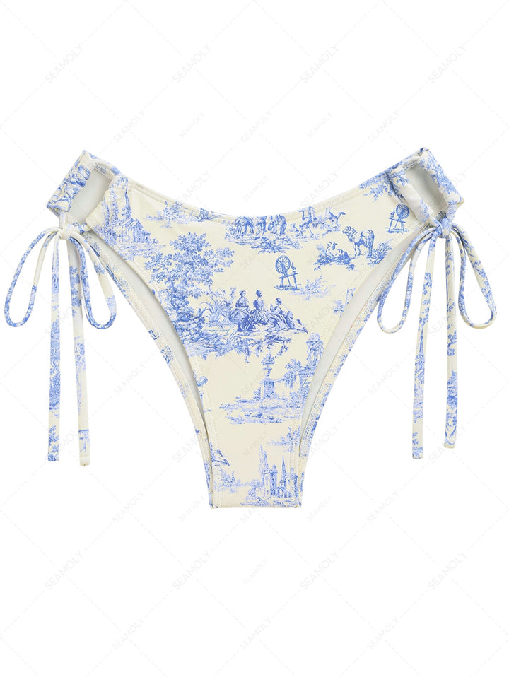 Crystal Cream Toile de Jouy Cinched Tie Side Hipster Bikini Bottom