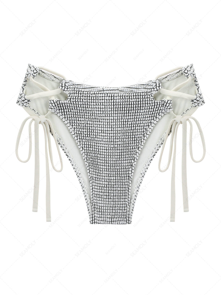 White Textured Fabric Lace Up Side Full Coverage Bikini Bottom