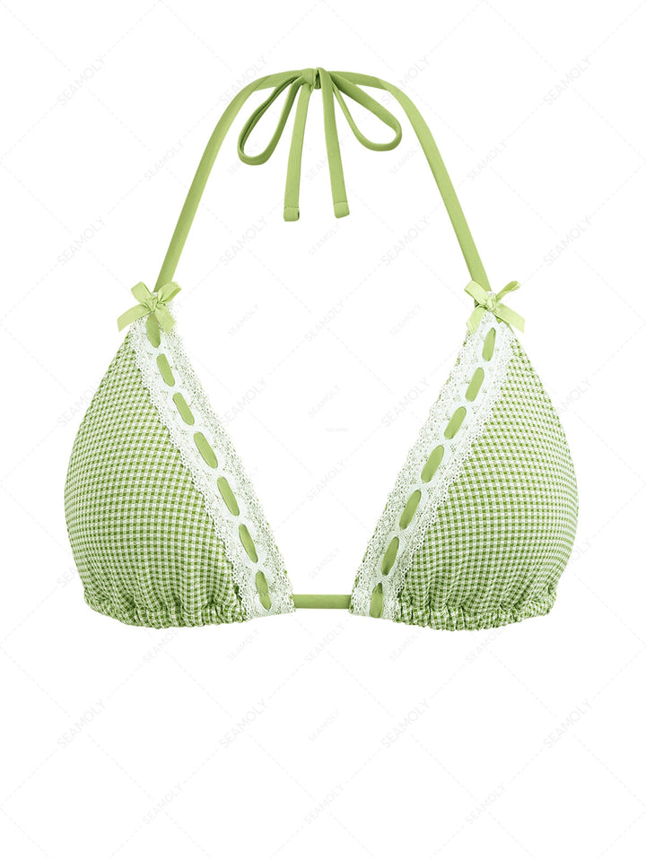 Green Gingham Lace Bowknot Halter Triangle Bikini Top
