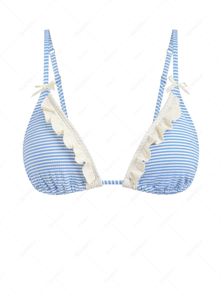 Light Blue Striped Frilled Ruffles Bowknot Triangle Bikini Top