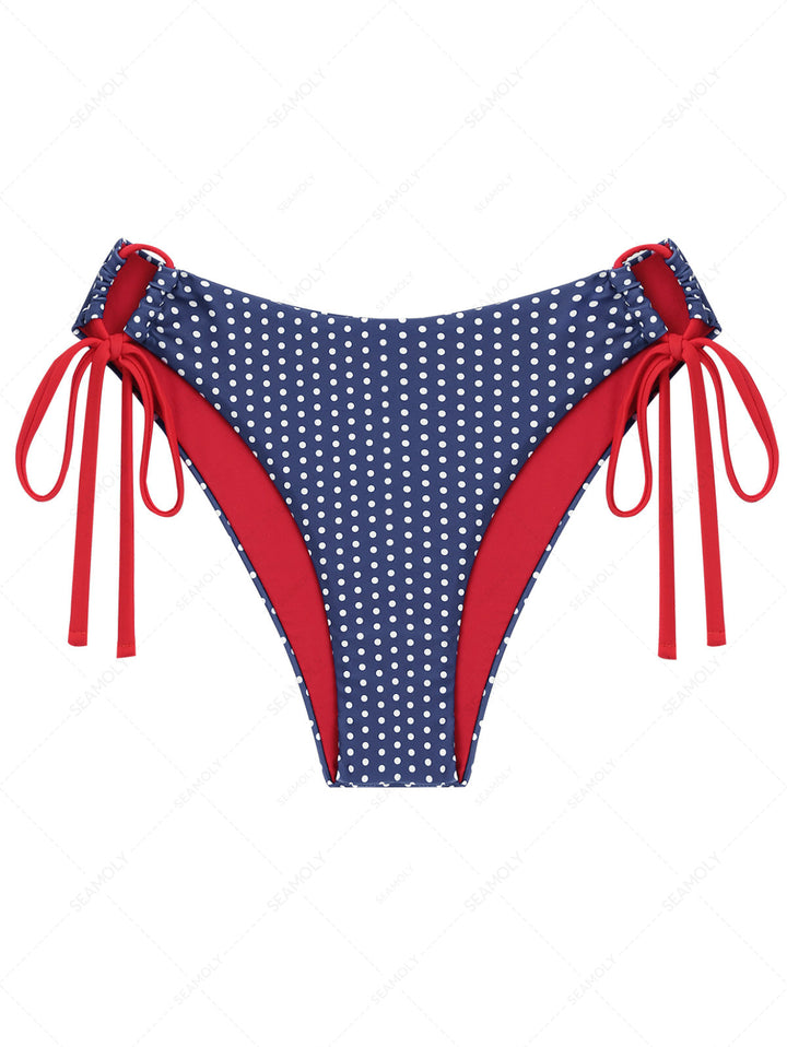 Deep Blue Polka Dot Contrast Cinched Tie Side Hipster Bikini Bottom