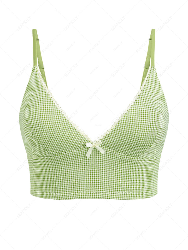 Green Gingham Lace Bowknot Plunging Neck Tankini Top