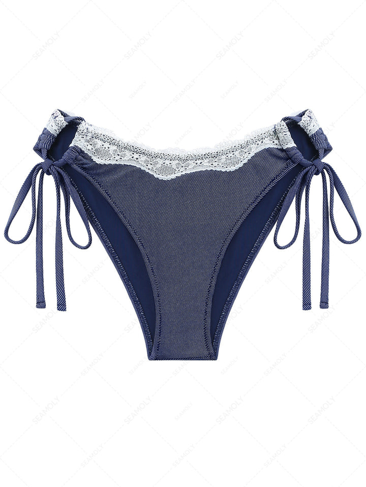 Deep Blue Denim Lace Cinched Tie Side Hipster Bikini Bottom