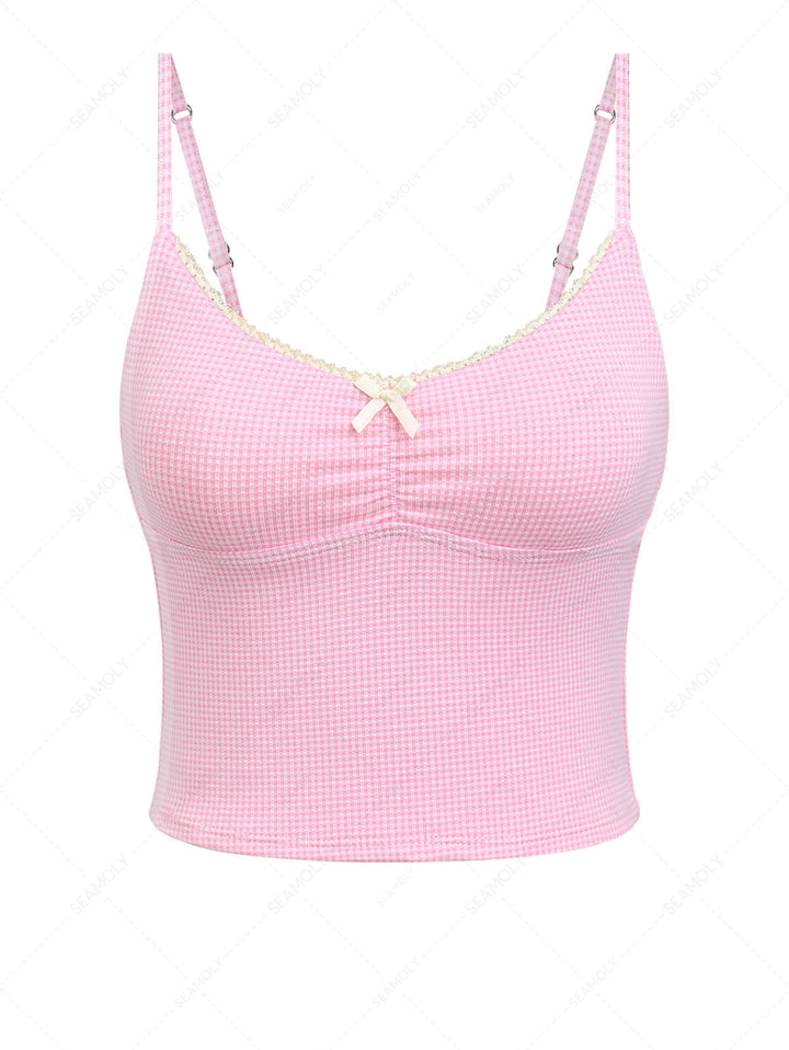 Light Pink Knitted Plaid Lace Bowknot Tankini Top
