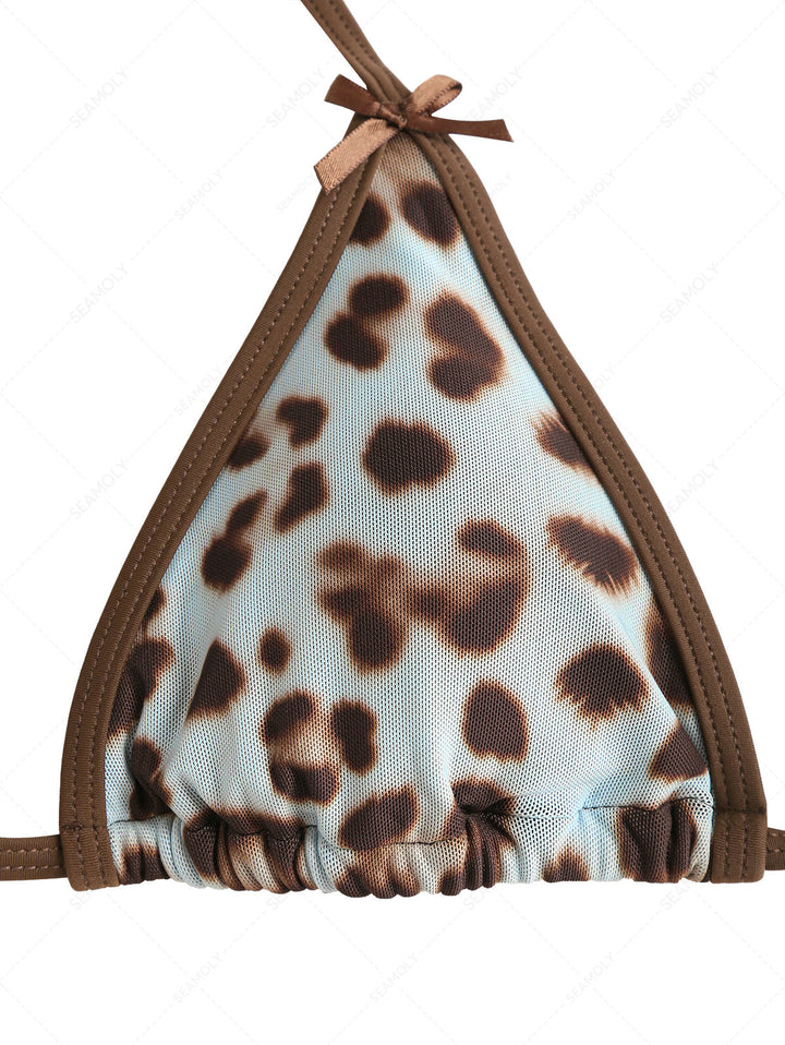 Seamolly 3 Piece Leopard Print Bowknot Contrast Binding Cheeky Boyshort Bikini Set