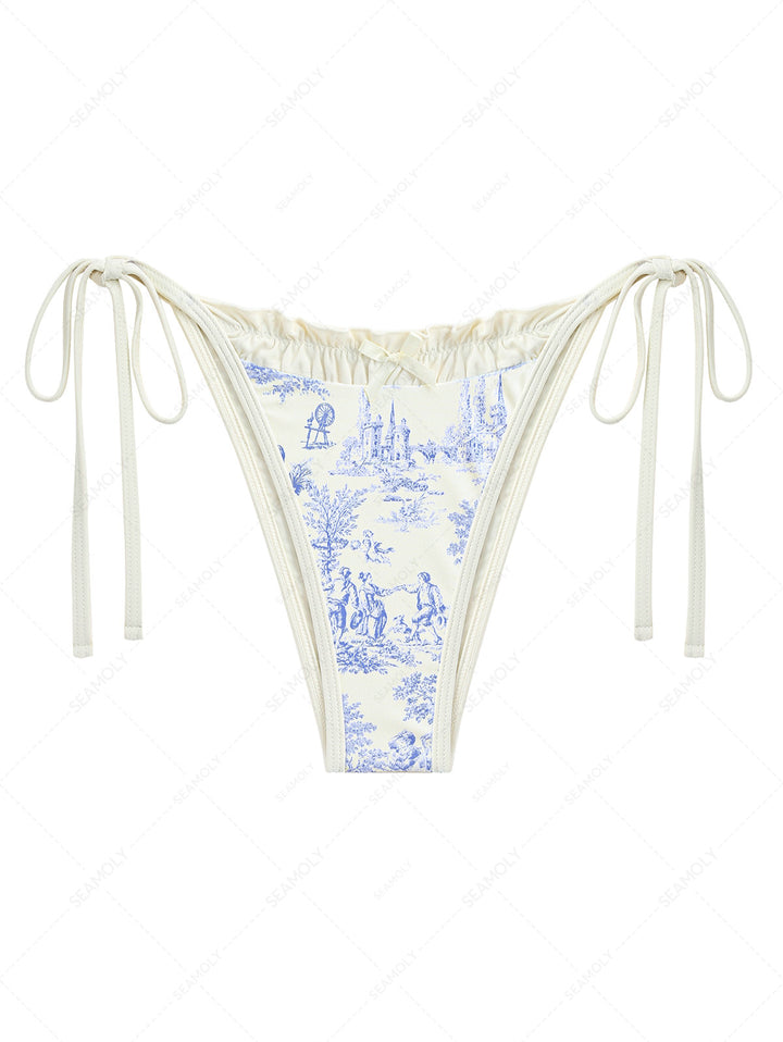 Crystal Cream Toile de Jouy Spliced Ruched Ruffles Cheeky Bikini Bottom