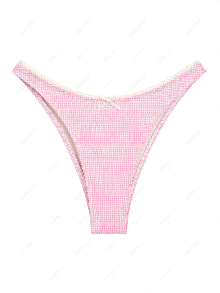 Light Pink Knitted Plaid Lace Bowknot Cheeky Bikini Bottom