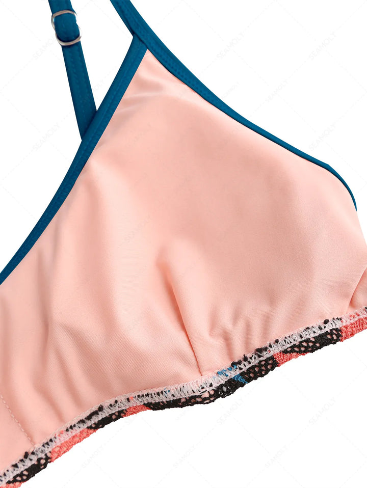 Seamolly Geometric Open-knit Textured Bralette Cheeky Boyshorts Bikini Set