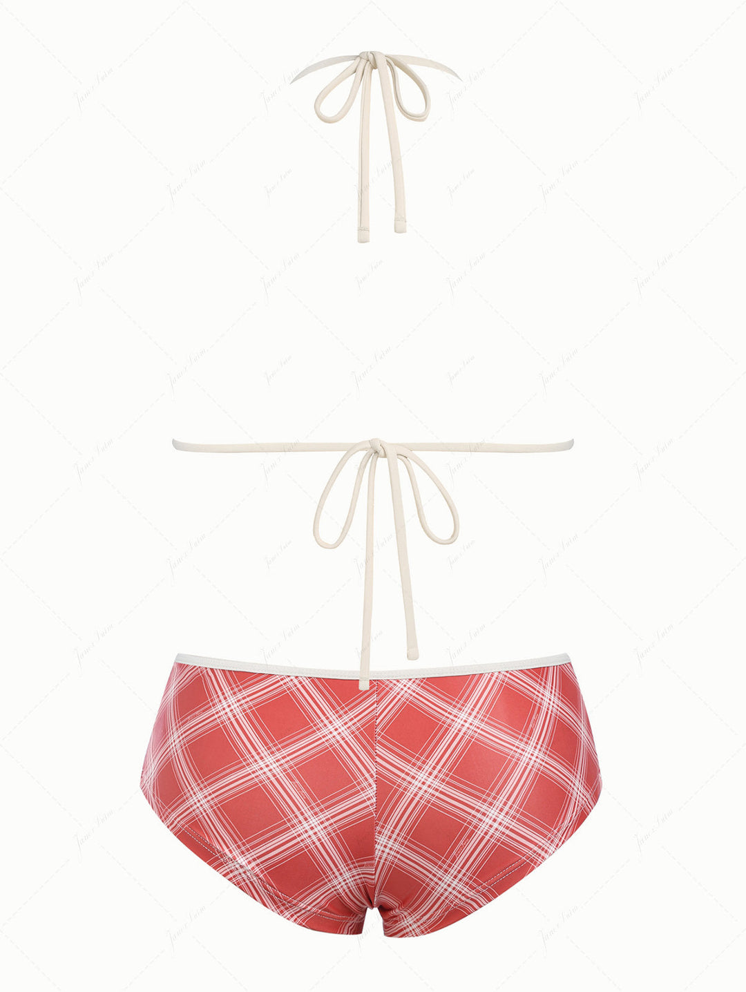 Red Vintage Plaid Lace Bowknot Halter Triangle Cheeky Boyshorts Bikini Set