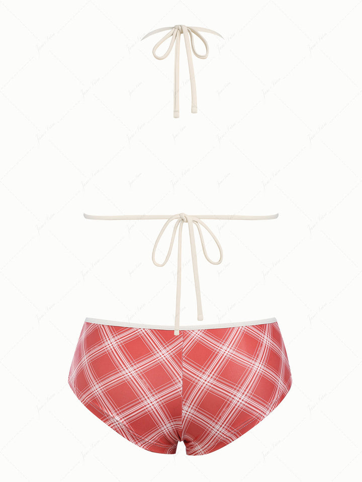 Red Vintage Plaid Lace Bowknot Halter Triangle Cheeky Boyshorts Bikini Set