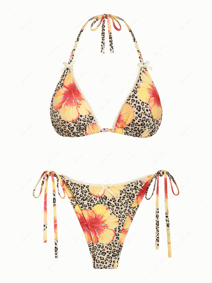 Leopard Floral Hibiscus Print Lace Bowknot Halter Triangle Bikini Set