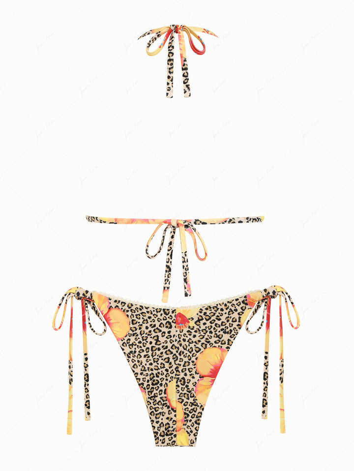 Leopard Floral Hibiscus Print Lace Bowknot Halter Triangle Bikini Set