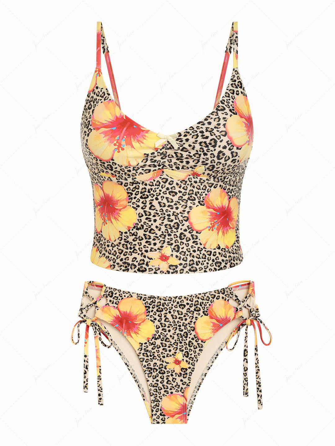 Leopard Floral Hibiscus Print Bowknot Tankini Set