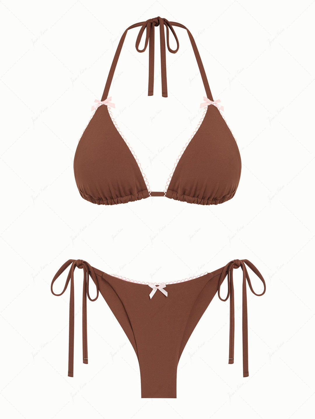 Coffee Contrast Picot Bowknot Halter Triangle Top & Cheeky Brazilian Bottom Bikini Set